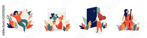 Feminine concept illustration, beautiful women in different situations. international women s day. Flat style vector design set stock vectors