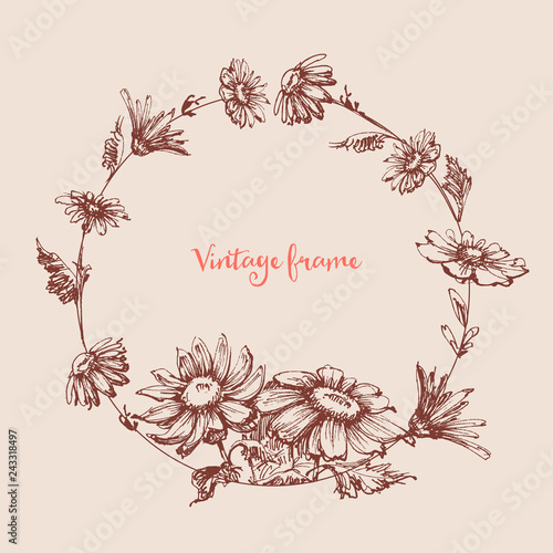 Vintage floral round frame. Hand drawn circular border, space for text