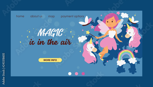 Fairy girl vector web landing page magic faery character and fantasy beautiful princess cartoon unicorn of fairy-tale in fairyland rainbow backdrop web-page illustration background