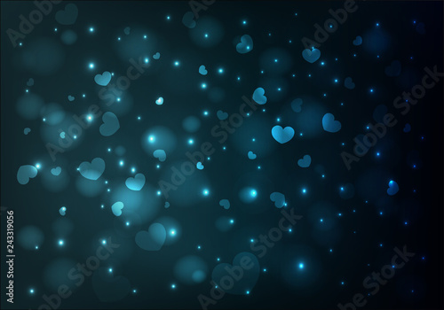 Greeting card with hearts, bokeh on the dark background. Valentines day. Vector.