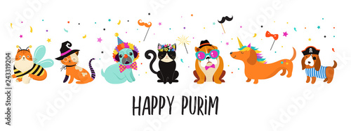 Funny animals, pets. Cute dogs and cats with a colorful carnival costumes, vector illustration. Happy Purim banner