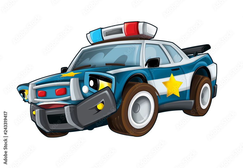 Fototapeta premium Cartoon smiling police car on white background - illustration for children