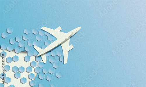 Vector illustration in minimal style of a plane flying in the sky. In the style of cut paper