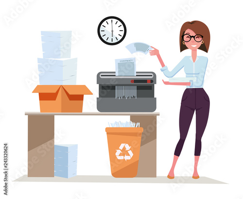 Girl office worker works with Shredder, terminates a pack of documents. Compact shredder stands on the table with a box of stacked sheets of paper. Flat cartoon vector illustration on white background