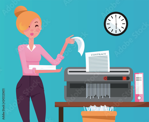 Blond Woman employee shredding the pile of paper documents in small table shedder. The shredded paper enters the recycle bin. Flat cartoon vector illustration
