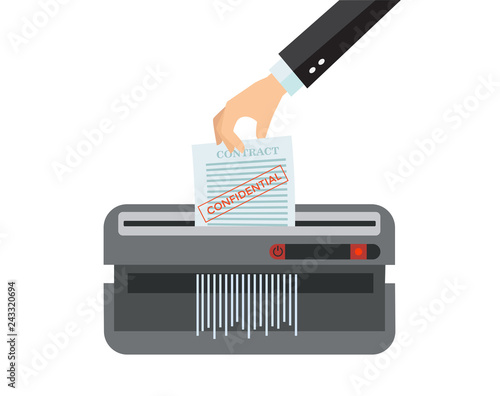 Office device for destruction of documents. Man's Hand putting paper in shredder machine. Document termination concept. private document office information protection. Flat cartoon vector illustration