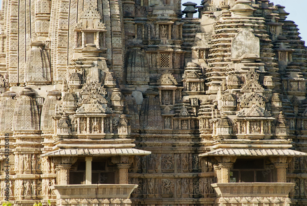 Facade of the Vishvanatha Temple with erotic sculptures at the  Western temples of Khajuraho in Madhya Pradesh, India.UNESCO World heritage site.