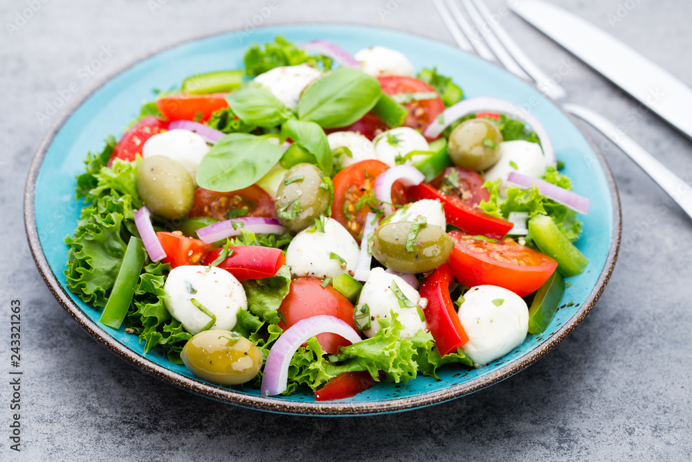 Vegetable salad with cheese mozzarella, tomatoes, basilikum and spice. Vegetable salad with cheese mozzarella, tomatoes, basilikum and spice.