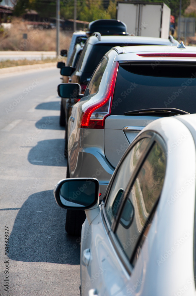 Cars are waiting in line at the ferry queue, traffic queue, Cars are waiting in line at the ferry queue, traffic queue,