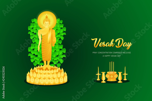 vesak day buddha monk phra stand on 3 three floor incense candle vase base front - back view pray concentration composed release front of pho leaf religion culture faith vector illustration eps10