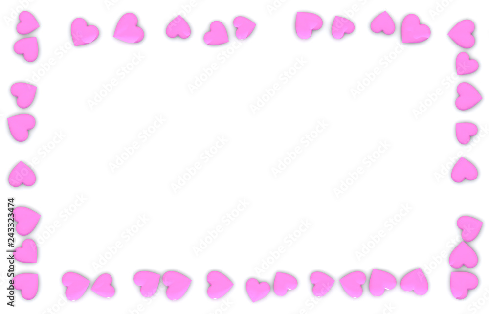 Valentine's Day abstract 3D frame or card made from small pink or rosy hearts on white background. Valentine's Day abstract 3D frame or card made from small pink or rosy hearts on white background.