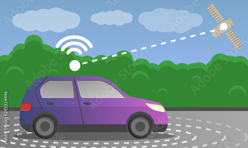 Driverless car satellite concept background. Cartoon illustration of driverless car satellite vector concept background for web design