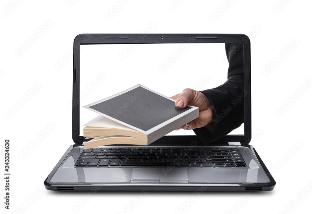 hand with book coming out of laptop hand with book coming out of laptop