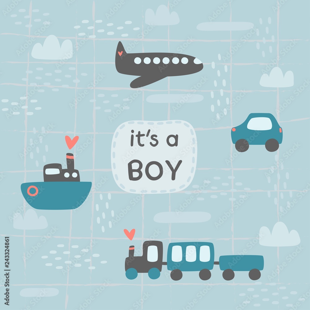 It's a boy greeting postcard with car, train, ship and plane minimal flat style. Vector illustration.