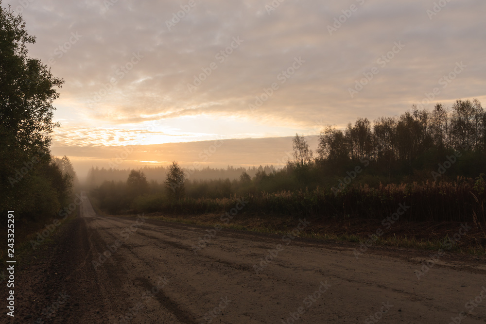 Long gravel road in countryside at morning landscape
