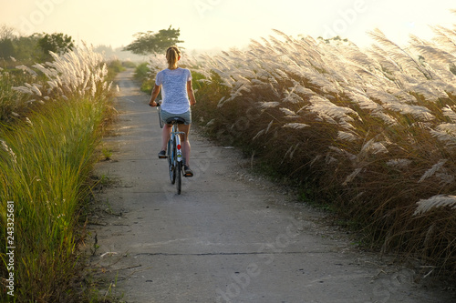 Hoi An / Vietnam, 12/11/2017: Tourist woman cycling through fields during sunset in in Hoi An, Vietnam.