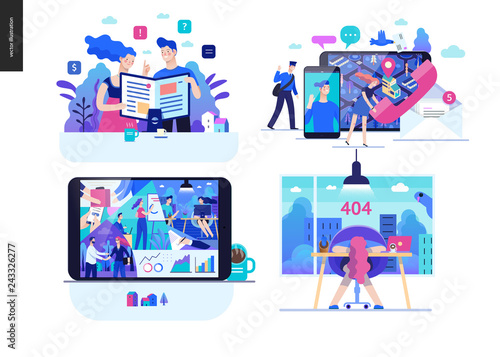 Business series set, color 2 - modern flat vector concept illustrated topics - Articles, Contacts, About the company, error 404. Creative landing web page design template