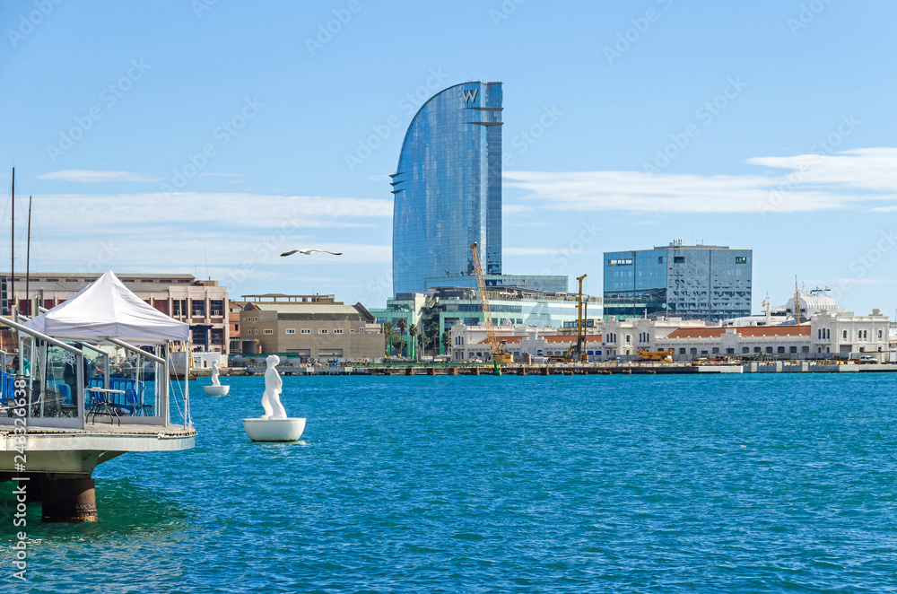 Port Vell with its Moll de Catalunya and W Barcelona