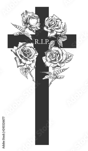 Funeral ornament concept with hand drawn roses and cross in black color isolated on white Vintage engraved style Modern template background design for invitation, card, obituary
