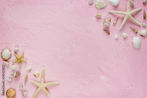Sea shells and starfish pattern on pink background. Travel, vacation, tourism concept, Summer background photo