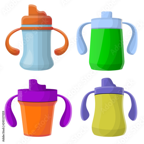 Sippy cup icons set. Cartoon set of sippy cup vector icons for web design