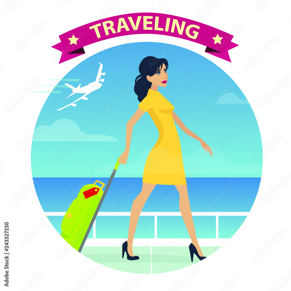 Woman with trabel bag. Vector illustration.
