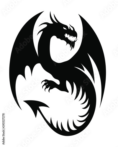 Black tribal dragon tattoo on white background. Vector illustration