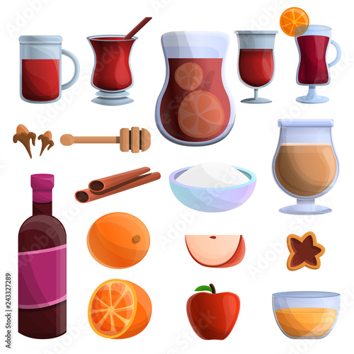 Mulled wine icons set. Cartoon set of mulled wine vector icons for web design