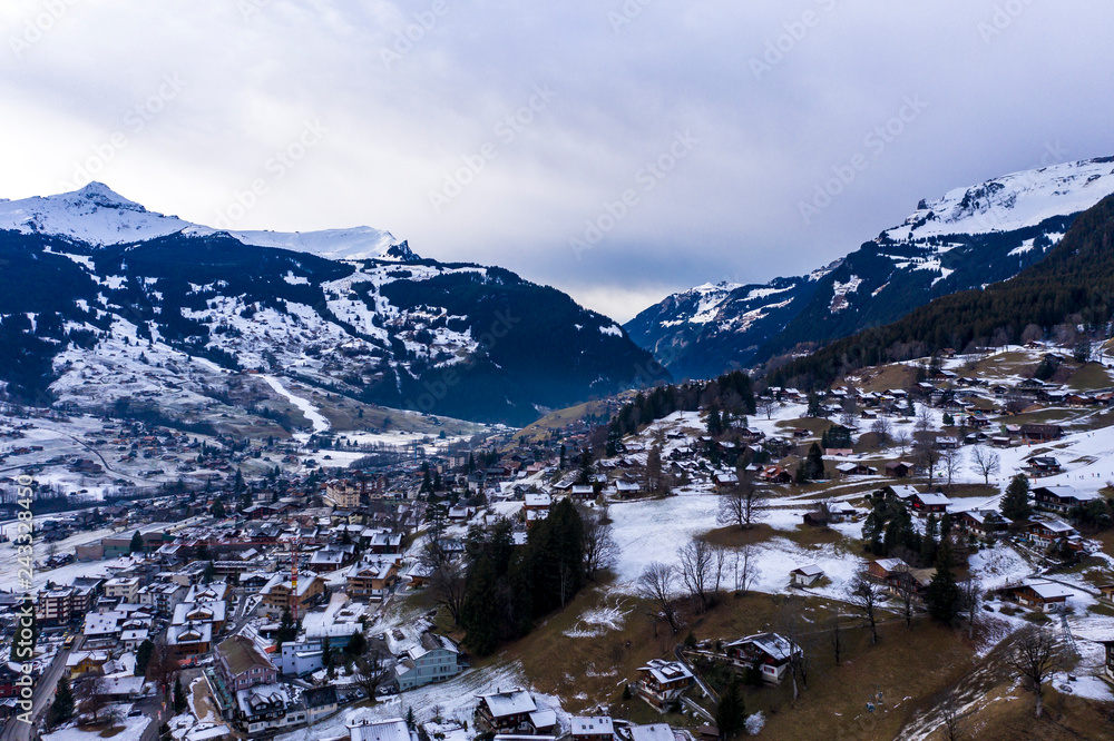 Aerial view of Grindelwald in cloudy weather, Wetterhorn, InterlakenOberhasli, Bernese Oberland