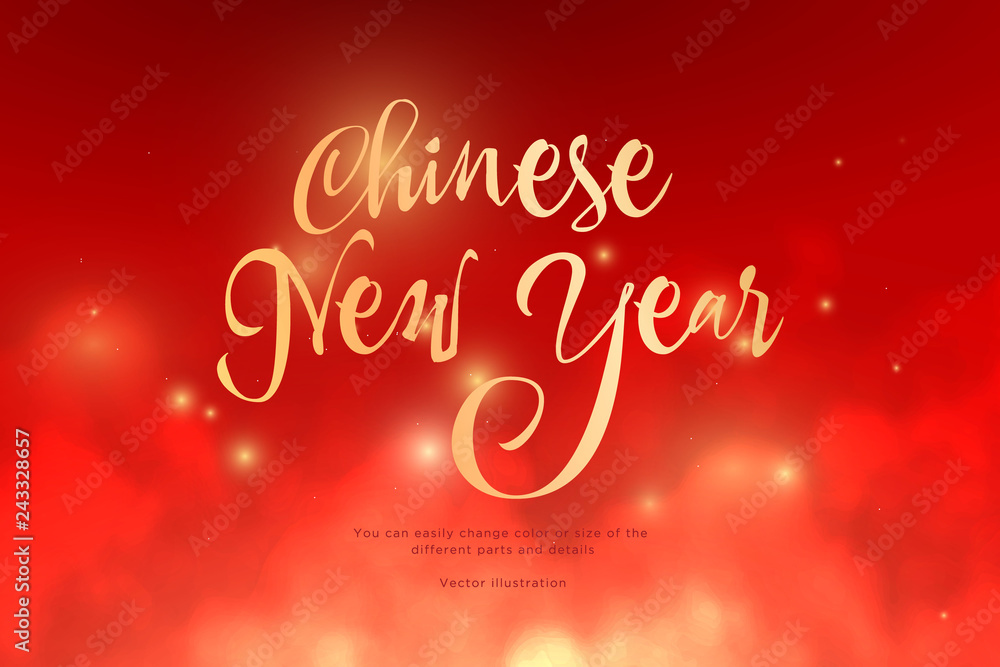 Text Chinese New Year golden color in the clouds. Low poly wireframe art on red background. Concept for holiday or magic or miracle. Effect Starry sky. 