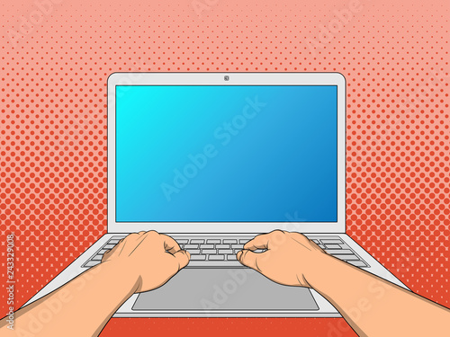 Hands working on laptop with blank screen isolated on white background. Pop Art vintage vector illustration