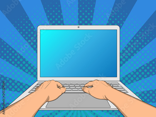 Hands working on laptop with blank screen isolated on white background. Pop Art vintage vector illustration