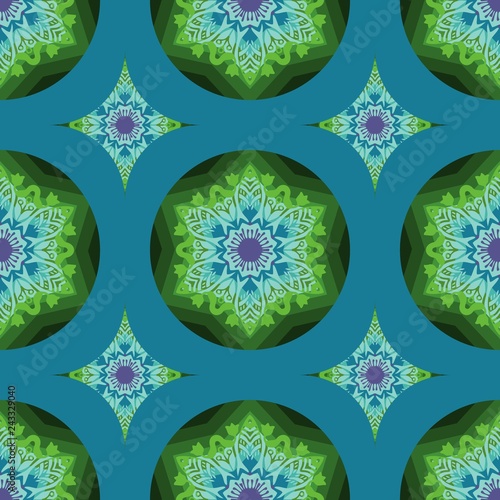 tribal mandala flower design for seamless pattern vector with blue and green color tone background