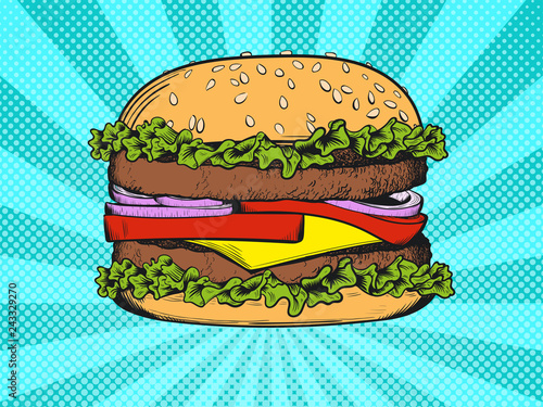 Burger with cutlet, salad, cheese, tomato, onion. Pop Art vintage vector illustration