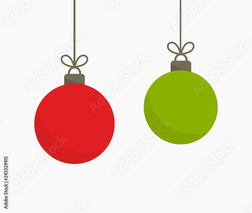 Green and red Christmas balls hanging ornaments.