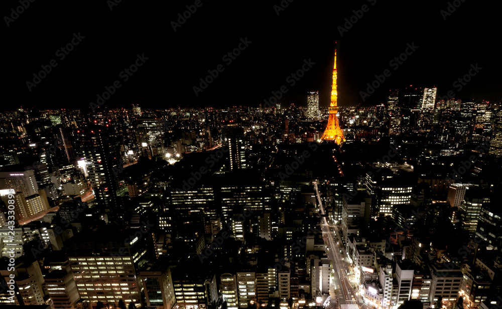 Tokyo city skyline in evening with Tokyo tower  at hight, skyscaper