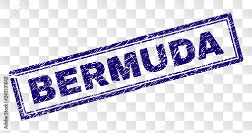 BERMUDA stamp seal imprint with rubber print style and double framed rectangle shape. Stamp is placed on a transparent background. Blue vector rubber print of BERMUDA tag with scratched texture.