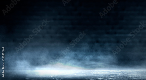 Empty dark room, cold dark background, smoke, smog, the light from the window falls to the floor. Dark blue gloomy background. Reflection of light on a concrete floor. 3D rendering