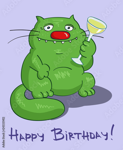 Birthday greeting card. Cat character holding a glass of wine