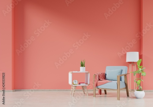 Modern living room interior with armchair and green plants,lamp,cabinet on living coral wall background,3d rendering