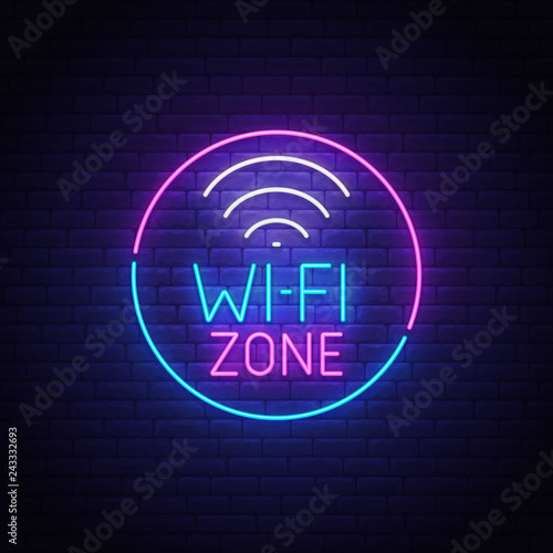 Wi-Fi neon sign, bright signboard, light banner. Wi-fi zone logo neon, emblem. Vector illustration