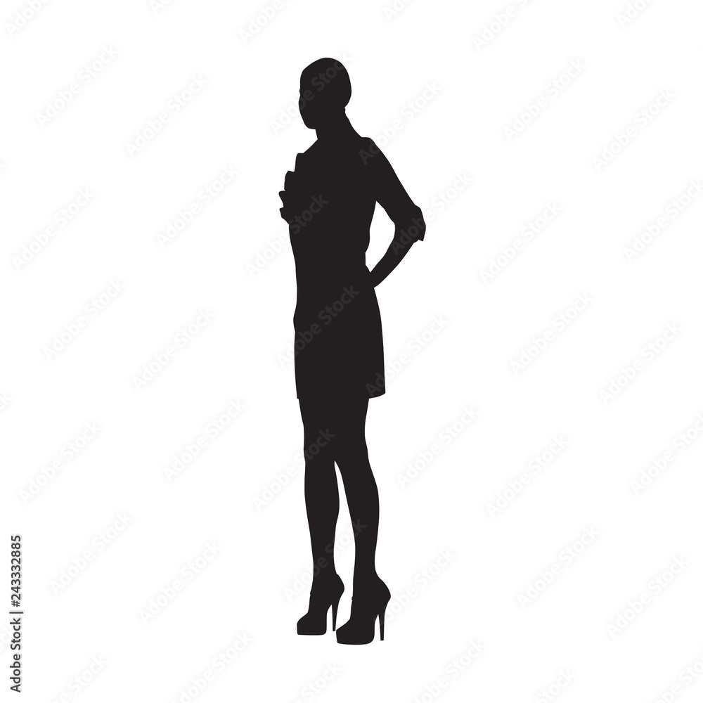 Slim woman with hand on hip standing in high heels shoes, isolated vector silhouette, side view