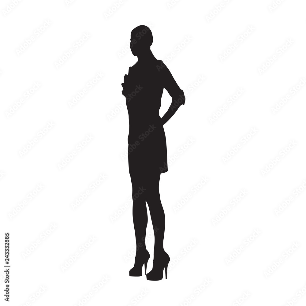 Slim woman with hand on hip standing in high heels shoes, isolated vector silhouette, side view Slim woman with hand on hip standing in high heels shoes, isolated vector silhouette, side view