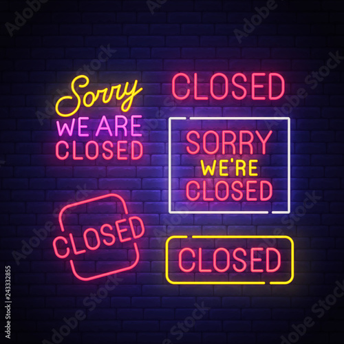 Closed neon sign, bright signboard, light banner. Closed neon, emblem. Vector illustration