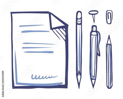 Office Papers Pen and Pencil Pin Set Sketch Vector