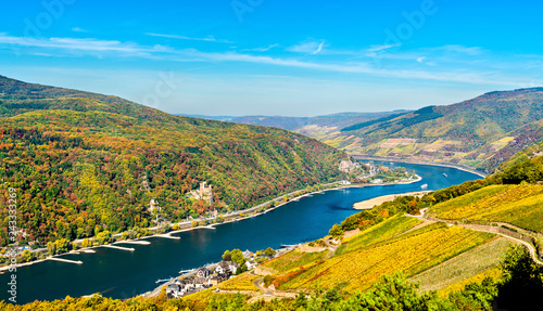 View of the Rhine Gorge with Rheinstein and Reichenstein Castles in Germany