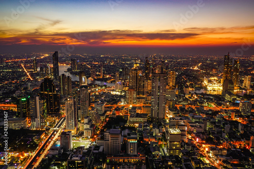 Bangkok city at night with sunset time.