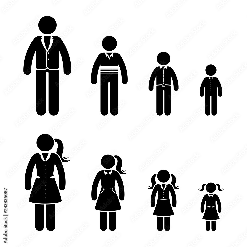 Stick figure different age man and woman icon set. Various human clothes for growing person Stick figure different age man and woman icon set. Various human clothes for growing person