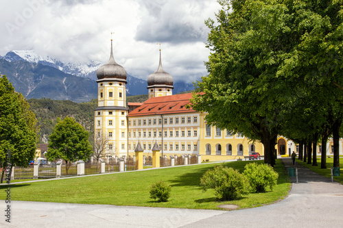 Exterior of the stams Abbey (Stift Stams) established by Cistercian monks in 1273 in Tyrol, Austria and later revamped in Baroque style.