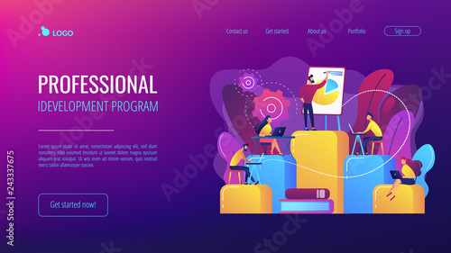 Employees with laptops learning at professional trainig. Internal education, employee education, professional development program concept. Website vibrant violet landing web page template.
